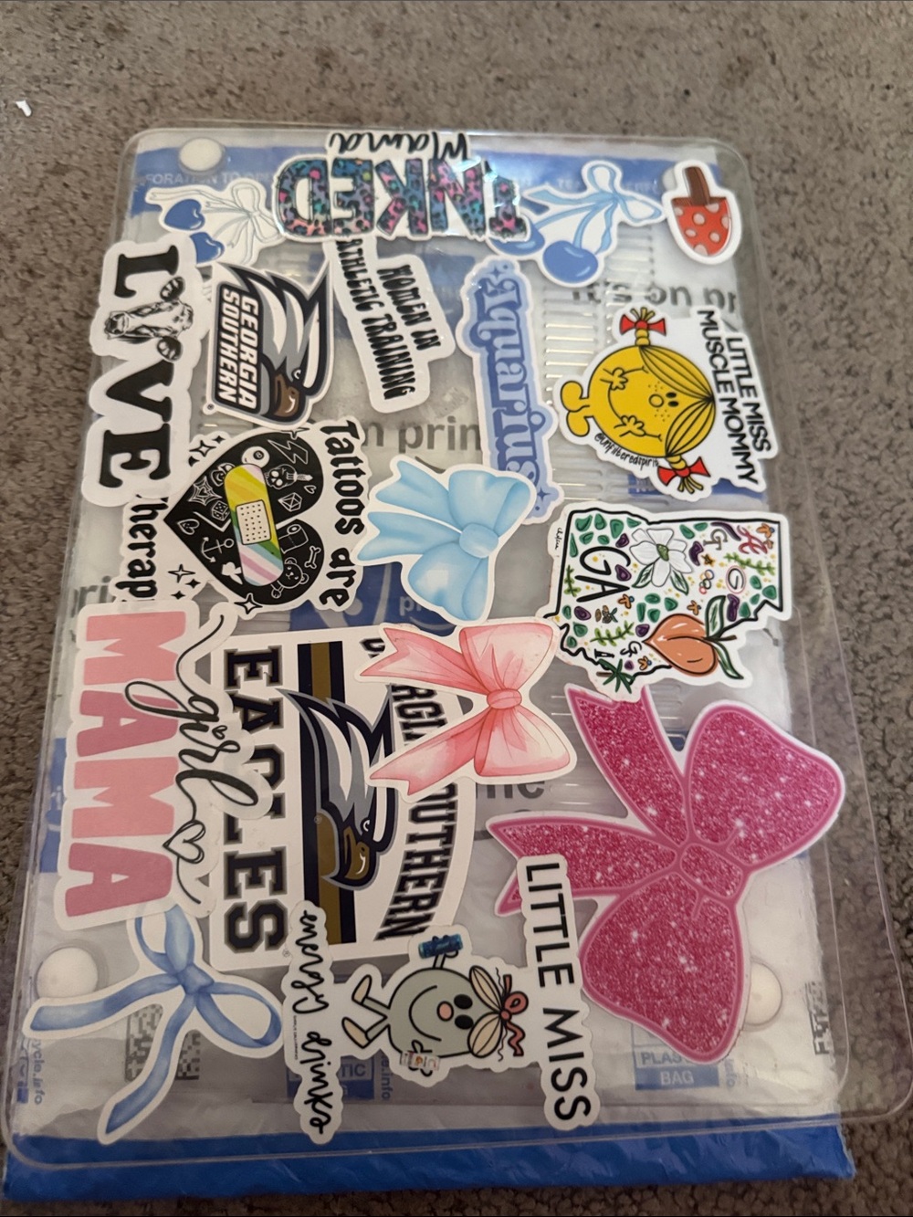 Clear Sticker-Covered Tablet Case with Pink Glitter Bow